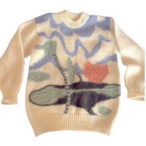 YEO’S Vtg 80s Hand-knit Wool Mohair Sweater Abstract 3D Knit Waterlily Print XL